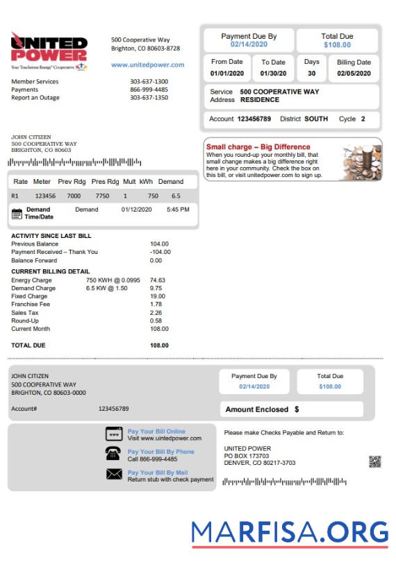 Blank USA Colorado United Power utility bill template in Word and PDF format